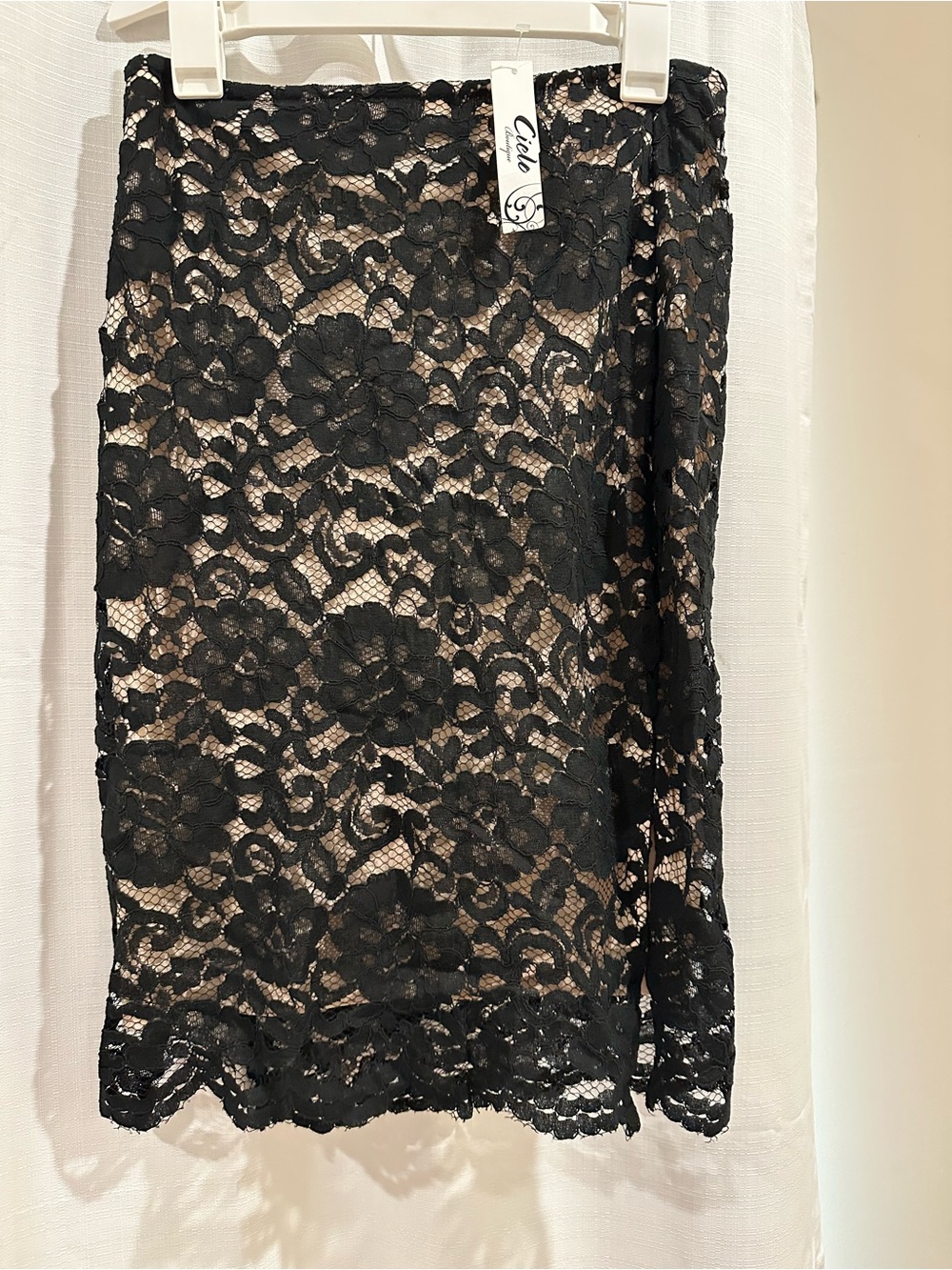 Dollhouse Black Lace Pencil Skirt with Nude Lining